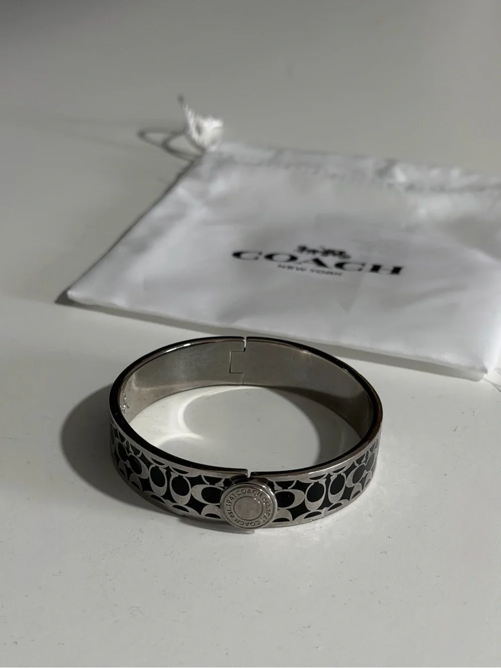 Coach Black and Silver Signature Enamel Bangle Bracelet